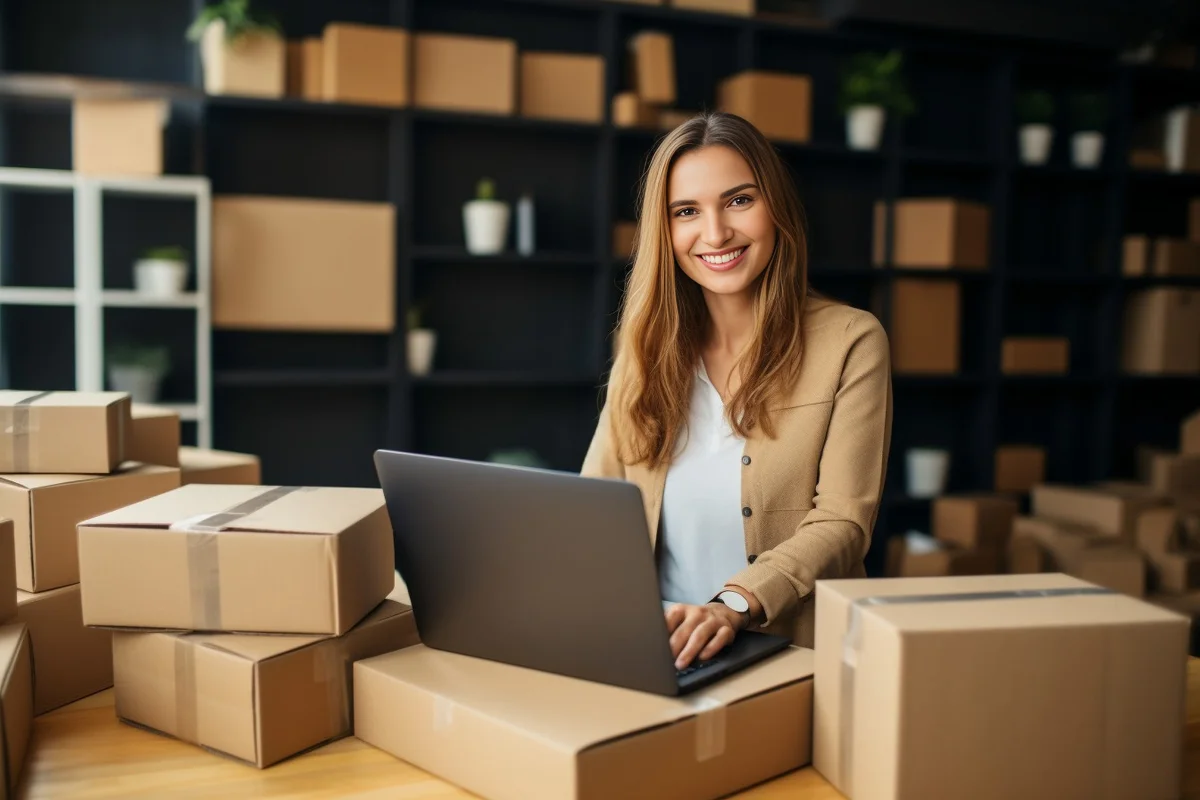 A smiling woman using a laptop surrounded by boxes ready for shipping