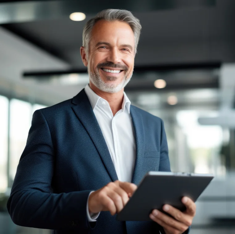 Smiling middle aged man holding a tablet
